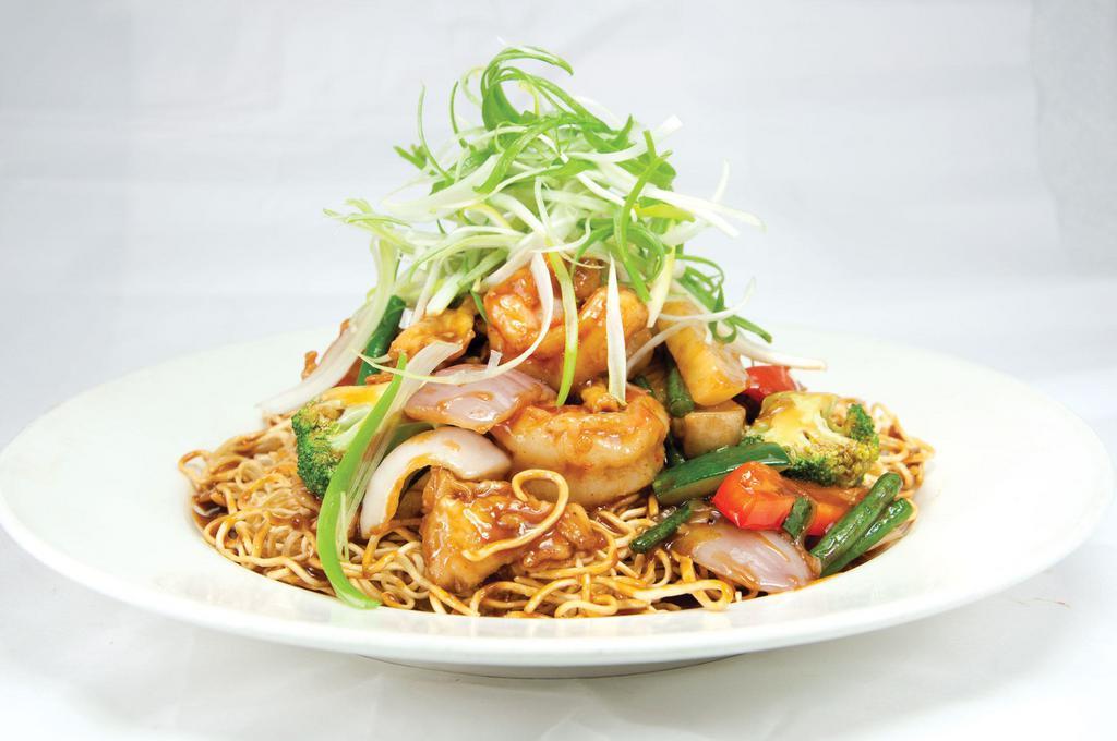 Pan Pan Noodles · No rice. Braised chicken and shrimp with seasoned vegetables.