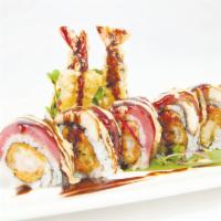 Kamikaze Roll · Fried shrimp and spicy tuna inside, topped with tuna and eel.