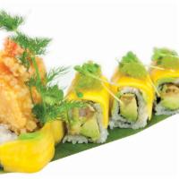 Golden Dream Roll · Fried shrimp and avocado inside, topped with mango, served with mango sauce, wasabi and cavi...