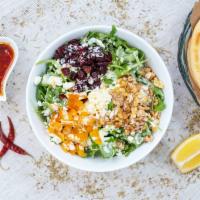 Arugula Salad (Roka Salata) · Arugula with field greens, dried cranberries, apricots, walnuts, and crumbled feta cheese. d...