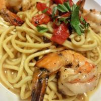 Shrimp Scampi with Spaghetti · Jumbo shrimp garlic, lemon, white wine.