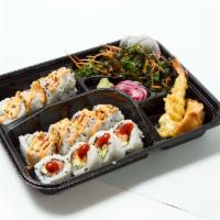 Spicy Roll Bento · Served with a half of Spicy crab, Spicy tuna, and Spicy salmon roll, a dumpling, a shrimp te...