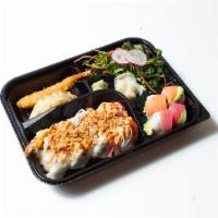 Special Roll Bento · Served with a half of Crunch, and Rainbow, Las Vegas roll, a dumpling, a shrimp tempura and ...