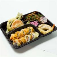 Tempura Bento · Served with a deep fried California roll with cream cheese inside, onion, sweet potato and a...
