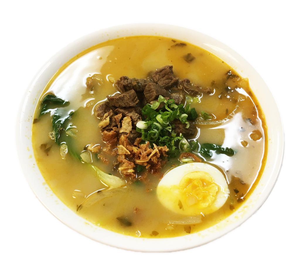 Beef Bone Broth and Curry Noodle Soup (spicy) · House-made beef bone broth with spicy beef curry over noodle 