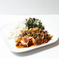Mongolian Beef Plate · Beef ribeye, green onion, carrot, bell pepper, white onion with house made brown sauce