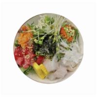 Korean Spicy Poke Bowl (Hoe-Deopbap) · Fresh salmon, tuna, white fish, cucumber, pickled radish, lettuce, red onion, carrot, red ca...