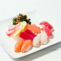 Combo F · Assorted 6 pieces nigiri sushi and 6 pieces sashimi.