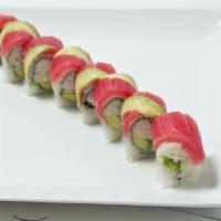 Hawaii Roll · California roll with tuna, salmon, avocado with assorted masago, spicy mayo and wasabi mayo ...