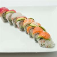 Rainbow Roll · California roll with assorted fish and avocado on top