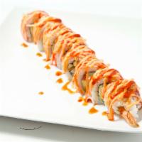Shaggy Dawg Roll · Shrimp tempura, crab, cucumber, avocado inside, crab on top with crunch onions, spicy mayo, ...