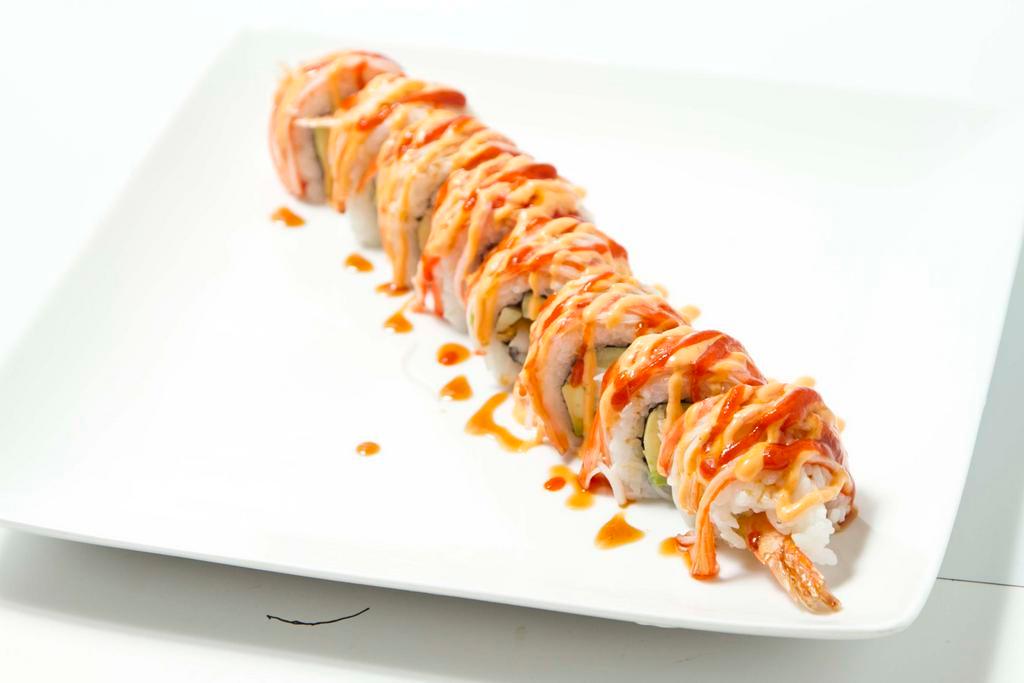 Shaggy Dawg Roll · Shrimp tempura, crab, cucumber, avocado inside, crab on top with crunch onions, spicy mayo, eel sauce and chili sauce