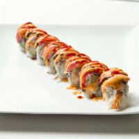 Spicy Albacore Roll · Shrimp tempura, avocado, crab meat inside, and spicy albacore on top with fresh onion, spicy...