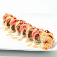 Red Devil Roll · Shrimp tempura, spicy tuna, with tuna, avocado, spicy mayo, wasabi mayo and chili sauce on top