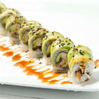 Caterpillar Roll · Fresh water eel, crab meat, cucumber inside with avocado and eel sauce on top