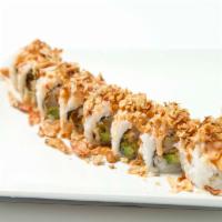 Green Crunch Roll · Shrimp tempura, crab meat, and asparagus inside with avocado, onion crunch, crushed nuts, mi...