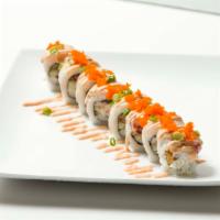Volcano Roll · California roll with cream cheese inside roll with baked crab, scallop, masago, and crawfish...