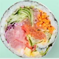 Tuna Rollrrito · Tuna, crabmeat, massago, avocado, sweet corn, fukujinzuke, red cabbage, red onion, veggie fu...