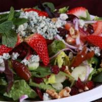 Chixy's House Salad · Mixed greens, cucumbers, berries, dates, walnuts, sun-dried tomatoes, Gorgonzola cheese, fre...