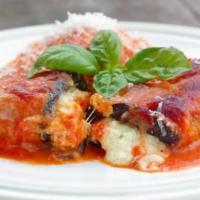 EGGPLANT ROLLATINI  · Homemade fried eggplant rolled with mozzarella and ricotta cheese in a marina sauce 