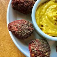 Beet Falafel · GF / V 
Served with curry aioli and tarragon