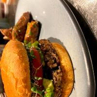 Mushroom and Black Bean Burger · V.  Pickled onions, tomato, sprouts, avocado, chipotle aioli with a side of aleppo-roasted s...