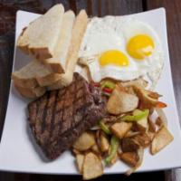 Flat Iron Steak and Eggs · 8 oz. flat iron steak and 2 eggs cooked any style, served with Maggie's potatoes and your ch...