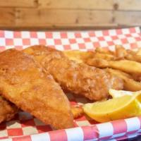 Fish and Chips · Beer battered cod fish served with fries and tartar sauce.