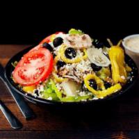 The Greek Salad · Iceberg & romaine blend, mushrooms, onions, green peppers, black & green olives, tomatoes, t...