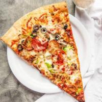 The Works Slice · Pepperoni, sausage, meatballs, fresh mushrooms, onions, green peppers, black and green olive...