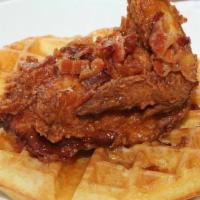 Chicken and Waffles Lunch · Deep fried chicken with cornbread waffle and maple bourbon bacon syrup.