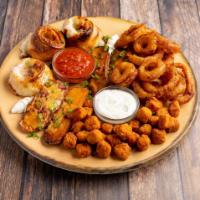 Combo Platter · Spicy popcorn chicken, potato skins, onion rings and 3 pepperoni pizza rolls.