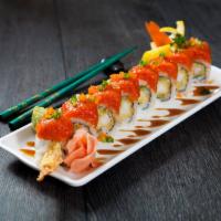 Hot Night Roll · 2 shrimp tempura, cucumber, spicy tuna on top.