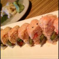 King of the Ocean Roll · In: asparagus, avocado, cucumber, radish sprout, pickled radish and yamagobo. Top: lobster a...