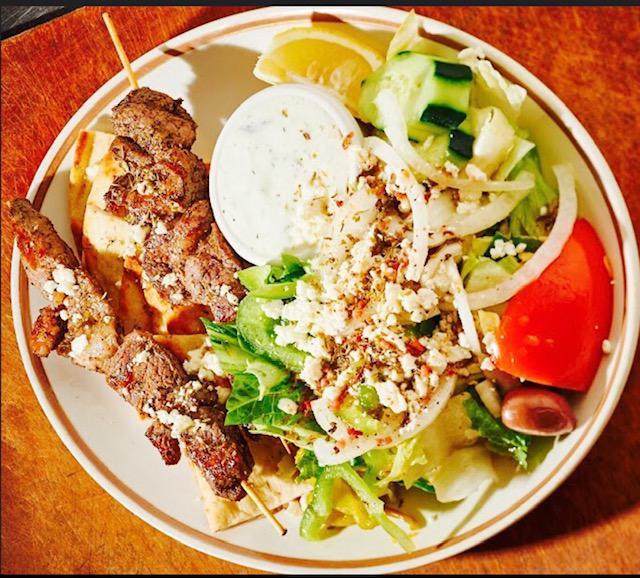 Souvlaki Lamb · Fresh Grilled Skewers marinated in olive oil and Greek seasoning with pita, feta, and tzatziki sauce served with Greek fries or Greek salad.