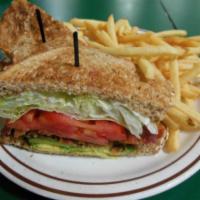 Bacon, Lettuce, Tomato and Avocado Sandwich · Served with a pickle, coleslaw and french fries.