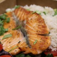 Salmon Bowl · A 6 ounce cut of our freshest salmon grilled to tenderness and served over a bed of crispy s...