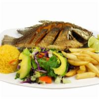 Mojarra Frita · Fried whole tilapia platter. Served with rice, salad and french fries.