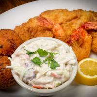 Seafood Platter · Fried 'Catch of the Day', 3 pieces of fried shrimp, hush puppies. Served with 2 sides.