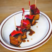 Glazed Pork Belly · Smoked Pork Belly, Apple-Bourbon Glaze and Pickled Fresno Chilis