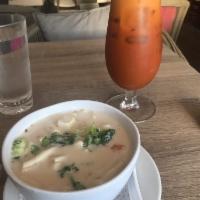 Tom Kah Soup · Thai coconut milk soup with tofu, mushroom and mixed vegetables. Vegetarian.