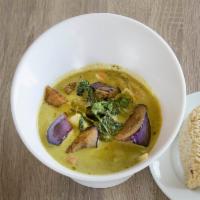 Green Curry · Eggplant, bell peppers, bamboo shoots and fresh basil in a green curry sauce. Vegan.