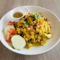 Vegan Curry Rice · A healthy mixture of jasmine rice, mix beans, raisins, cashew nuts and onions, stir fried wi...