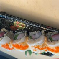 Snow White Special Roll · Spicy yellowtail and jalapeno, topped with seared white tuna, spicy mayo, honey, wasabi sauc...