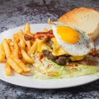 The Hangover Burger & fries · Two 1/2 lb. patties, ketchup, mayo, lettuce, American cheese, tomato, grilled onions, bacon,...