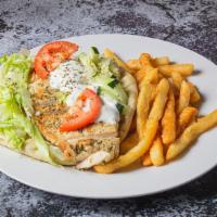 Grilled Chicken on Pita Dinner · Chopped chicken breast topped with tzatziki sauce, chopped cucumber, lettuce, and tomato.