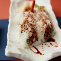 Spider Roll · Deep fried soft shell crab, Cucumber, Gobo(pickled burdock), sweet eel sauce