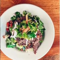 Steak Salad  · Marinated Skirt Steak, Avocado, Hearts of Romaine. Pico de Gallo, Tortilla Strips, Shredded ...