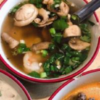 Tom Yum · Clear soup with lime juice, mushrooms, specialty flavored Thai herbs, topped with scallions
...