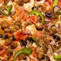 Big Z Specialty Pizza · Red sauce, mozzarella, Canadian bacon, pepperoni, mushrooms, bell peppers, onion, black oliv...